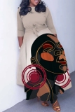 Khaki Brown Graphcis Print O Neck 3/4 Sleeve Belted Waist Casual Outing Plus Size Straight Loose Maxi Dresses