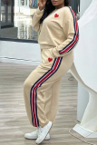 Apricot Casual Stripe Print O Neck Long Sleeve Sweatshirt And Skinny Pants Sportwear Matching Sweatsuit Set