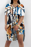 White Green Floral Print V Neck Short Sleeve Longline Slit Oversize T-shirt And Shorts Vacation Two Pieces Shorts Set