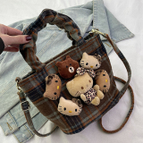 Red Casual Plaid Cartoon Print Zipper Cute Doll Handbag Woolen Bucket Bag