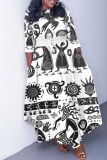 Khaki Brown Graphcis Print O Neck 3/4 Sleeve Belted Waist Casual Outing Plus Size Straight Loose Maxi Dresses