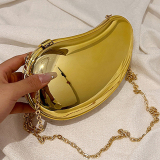 Gold Metallic Curved Handbag with Chain Strap Bags