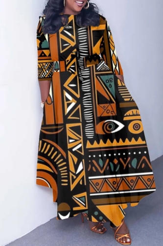 Brown African Girl Print O Neck 3/4 Sleeve Belted Waist Casual Outing Plus Size Straight Loose Maxi Dresses
