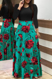 Green Floral Print O Neck Long Sleeve Casual Vacation A Line Flowy Maxi Dresses