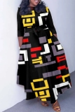 Khaki Brown Graphcis Print O Neck 3/4 Sleeve Belted Waist Casual Outing Plus Size Straight Loose Maxi Dresses