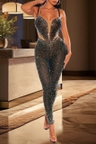 Apricot Formal Evening Party Prom Hot Drilling Backless Sleeveless Spaghetti Strap Skinny Cami Jumpsuits