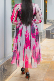 Orange Red Graphics Print Turndown Collar Long Sleeve Buckle With Belt Long A Line Maxi Shirt Dresses