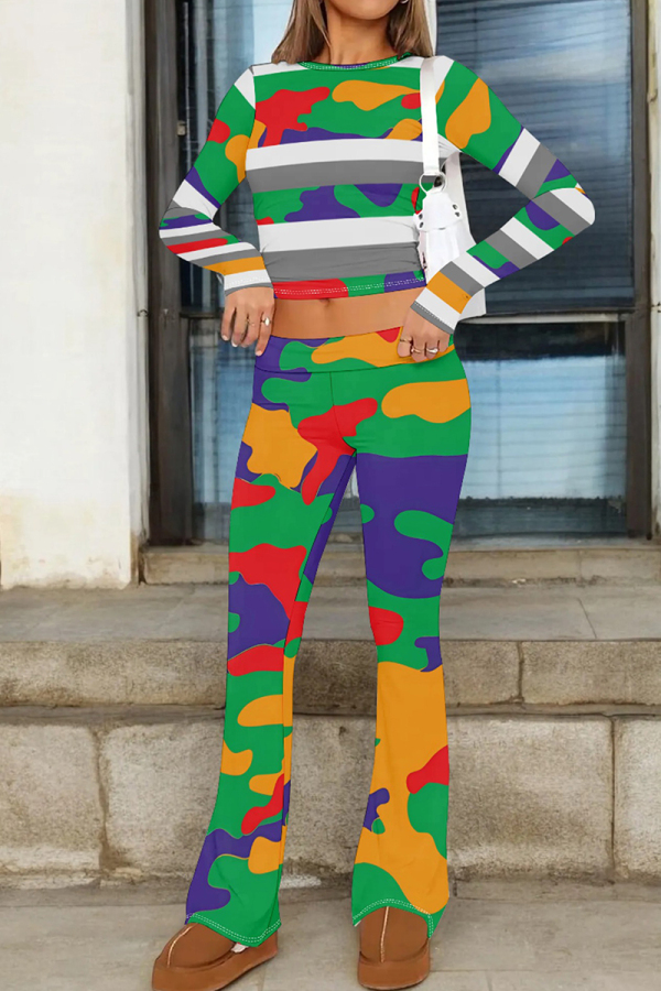 Purple Green Stripe Print O Neck Long Sleeve Crop Sweatshirt And Flare Leg Pants Casual Sportwear Two Pieces Jogger Sets