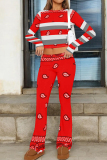 Red Stripe Print O Neck Long Sleeve Crop Sweatshirt And Flare Leg Pants Casual Sportwear Two Pieces Jogger Sets