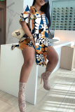White Green Floral Print V Neck Short Sleeve Longline Slit Oversize T-shirt And Shorts Vacation Two Pieces Shorts Set