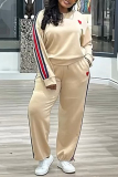 Apricot Casual Stripe Print O Neck Long Sleeve Sweatshirt And Skinny Pants Sportwear Matching Sweatsuit Set