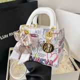 White Brown Graffiti Print Zipper Bag Single Shoulder Crossbody Bag Handbag