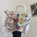 White Brown Graffiti Print Zipper Bag Single Shoulder Crossbody Bag Handbag