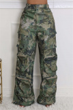 Casual Camouflage Print Pocket Straight High Waist Wide Leg Cargo Pants
