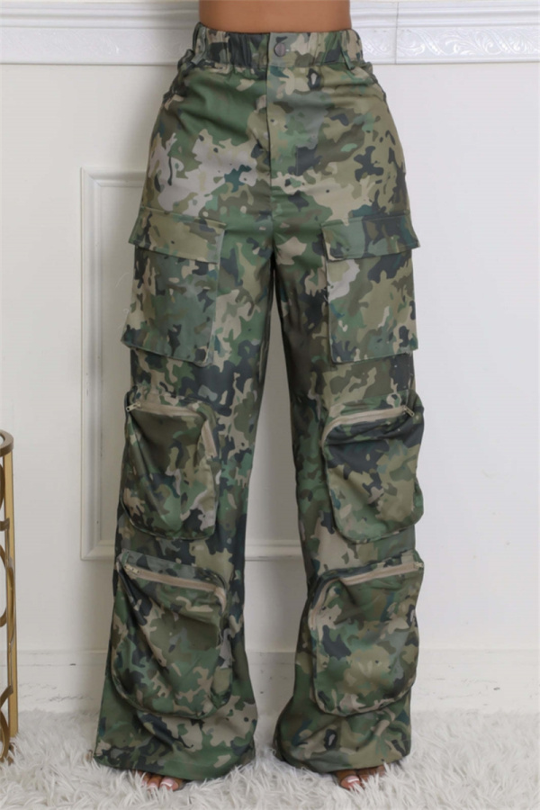 Casual Camouflage Print Pocket Straight High Waist Wide Leg Cargo Pants
