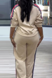 Apricot Casual Stripe Print O Neck Long Sleeve Sweatshirt And Skinny Pants Sportwear Matching Sweatsuit Set