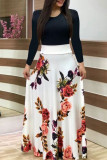 Green Floral Print O Neck Long Sleeve Casual Vacation A Line Flowy Maxi Dresses