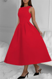 Red Formal Office Evening Party Prom Sleeveless Backless O Neck A Line Maxi Flowy Dresses