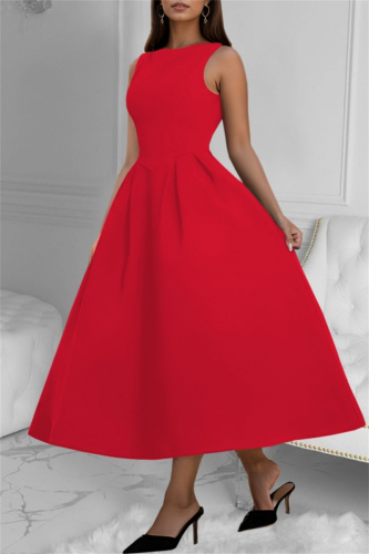 Red Formal Office Evening Party Prom Sleeveless Backless O Neck A Line Maxi Flowy Dresses