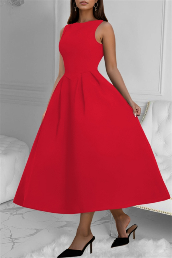 Red Formal Office Evening Party Prom Sleeveless Backless O Neck A Line Maxi Flowy Dresses