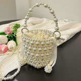 White Pearls Decor Weave Beaded Small Handbags Drawstring Bucket Bag