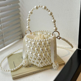White Pearls Decor Weave Beaded Small Handbags Drawstring Bucket Bag