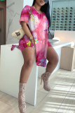 White Green Floral Print V Neck Short Sleeve Longline Slit Oversize T-shirt And Shorts Vacation Two Pieces Shorts Set