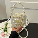 White Pearls Decor Weave Beaded Small Handbags Drawstring Bucket Bag