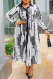 Orange Red Graphics Print Turndown Collar Long Sleeve Buckle With Belt Long A Line Maxi Shirt Dresses