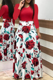 Green Floral Print O Neck Long Sleeve Casual Vacation A Line Flowy Maxi Dresses