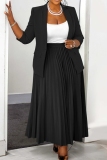 Green Turn-back Collar Long Sleeve Blazer Jackets And Pleated Maxi Skirt Plus Size Casual Formal Office Two Pieces Dress Sets