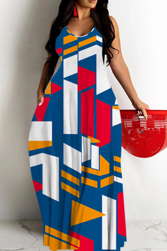 Multicolor Graphics Print Sleeveless Backless Spaghetti Strap Floor Length Vacation Baggy Sundress Maxi Slip Dress