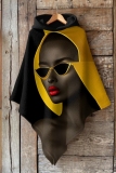 Brown Figure Print Cape Sleeves Irregular Hem Casual Fall Winter Hooded Sweatshirt