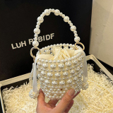 White Pearls Decor Weave Beaded Small Handbags Drawstring Bucket Bag