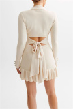 Black V Neck Long Sleeve Hollow Out Belted Ruffle Trim Knitted Chanel Style Bodycon Sweater Mini Dresses