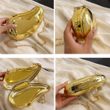 Gold Metallic Curved Handbag with Chain Strap Bags