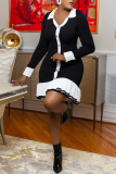Black V Neck Long Sleeve Hollow Out Belted Ruffle Trim Knitted Chanel Style Bodycon Sweater Mini Dresses