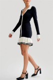 Black V Neck Long Sleeve Hollow Out Belted Ruffle Trim Knitted Chanel Style Bodycon Sweater Mini Dresses