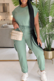 Pink O Neck Short Sleeve Crop T-shirt and Draw String Sweatpants Casual Sportwear Two Pieces Jogger Sets