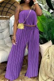 Blue Casual Sleeveless Backless Strapless Pleated Tube Crop Tops And Wide Leg Pants Vacation Two Pieces Trouser Sets