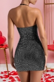 Black Formal Evening Party Prom Hot Drilling Sleeveless Backless Wrapped Skirt Bodycon Halter Mini Dresses