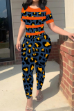Earthy Yellow Stripe Print O Neck Short Sleeve T-shirt And Skinny Pants Casual Sportwear Two Pieces Trouser Sets