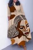 Khaki Brown Graphcis Print O Neck 3/4 Sleeve Belted Waist Casual Outing Plus Size Straight Loose Maxi Dresses