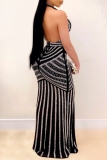 Black Striped with Hot Drilling Deep V Neck Sleeveless Open Back Formal Evening Party Prom Gown Bodycon Halter Shimmer Maxi Dresses