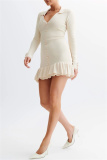 Black V Neck Long Sleeve Hollow Out Belted Ruffle Trim Knitted Chanel Style Bodycon Sweater Mini Dresses