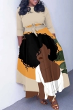 Light Brown Figure Print O Neck 3/4 Sleeve Belted Waist Casual Outing Plus Size Straight Loose Maxi Dresses