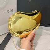 Gold Metallic Curved Handbag with Chain Strap Bags