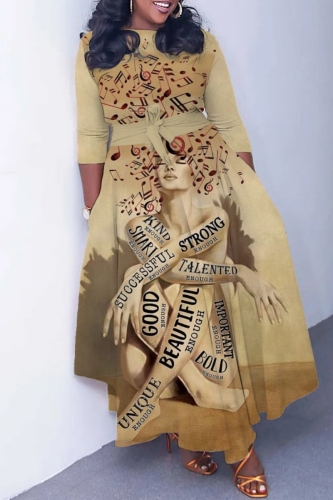Light Brown Figure Print O Neck 3/4 Sleeve Belted Waist Casual Outing Plus Size Straight Loose Maxi Dresses