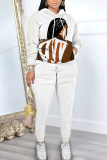 White Figure Print Hooded Long Sleeve Sweatshirt and Drawstring Sweatpants Two Pieces Sweatsuit Sets