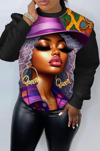 Dark Purple Casual Figure Print O Neck Long Sleeve Fall Winter Sweatshirt